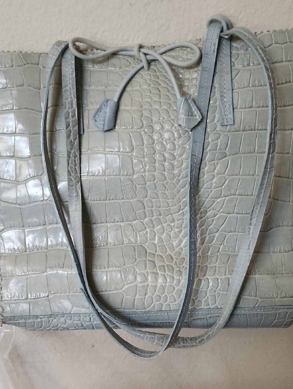 Croc-Embossed Leather Tote Bag in Pale Blue
